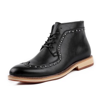 PINSV Leather Men's British Style Boots Casual Ankle Boots High Cut (Black)  