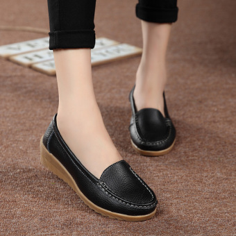 PINSV Sepatu Kulit Wanita Mengenakan Sepatu Sandal Mah Anti Selip Loafers (Hitam)  