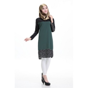 Plaid Splicing Zipper Decor Muslim Midi Dress (Army green) (Intl)  