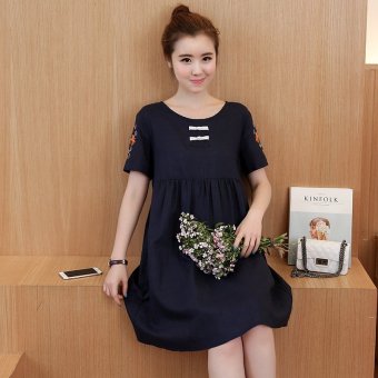 Plaka Maternity Dress Embroidered Cotton Short Sleeved Summer Korean Style for Pregnant Women Deep Blue  