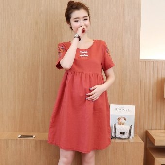 Plaka Maternity Dress Embroidered Cotton Short Sleeved Summer Korean Style for Pregnant Women Red  