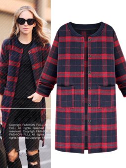 Plus Size Collarless Plaid Single Breasted Coat With Pockets Blue  