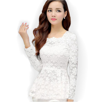 Plus size S-5XL Long-sleeved Lace Shirt Slim Waist Hook Flower Hollow Women Blous White - Intl - intl  