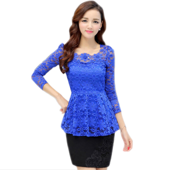 Plus size S-5XL Long-sleeved Lace Shirt Slim Waist Hook Flower Hollow Women Blouse Blue - Intl - intl  