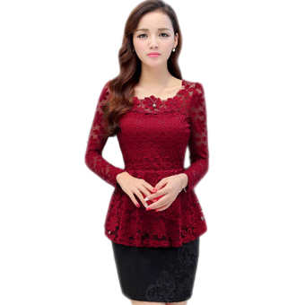 Plus size S-5XL Long-sleeved Lace Shirt Slim Waist Hook Flower Hollow Women Blous Red Wine - intl  