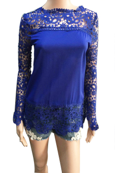 Plus Size Women's Chiffon Lace Crochet Hollow Out Long Sleeve Shirt Blouse Blue XL  