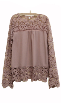 Plus Size Women's Chiffon Lace Crochet Hollow Out Long Sleeve Shirt Blouse Light Brown L  