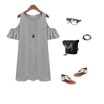 Plus Size Womens Clothes Flounced Shoulderless Dresses (Grey) - intl  
