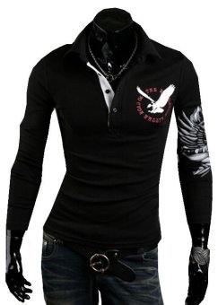 Polo Collar Slim Lapel Hedging Eagle Embroidery Long-Sleeves Man Cotton Tee Shirt (Black)  