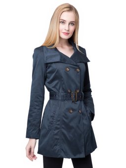 Polo Neck Button Placket Trench Coat with Belt Navy  