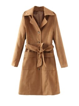 Polo Neck Front Pockets Trench Coat with Sash Camel  