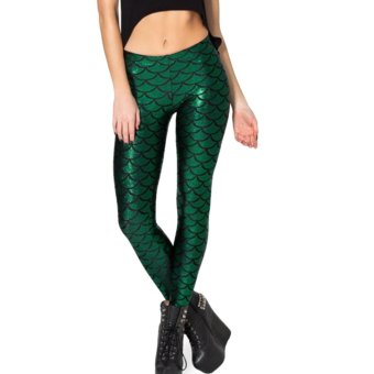 Pop Women Fish Scale Mermaid Print Shine Slim Fit Disco Leggings Trousers Green 54cm - intl  