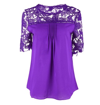 Pretty European Fashion Hollowing Stitching Lace Short-sleeved Chiffon Tshirts(Collor:Purple) - intl  