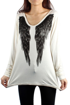 Printing loose dress long-sleeved v-neck backless wings S-XL(White) - intl  