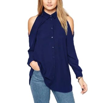 Qiaosha Plus Size Zanzea 2016 Women Turn Down Collar Blusas Femininas Long Sleeve Tops Shirt Sexy Off Shoulder Long Chiffon Blouse Blue - Intl  