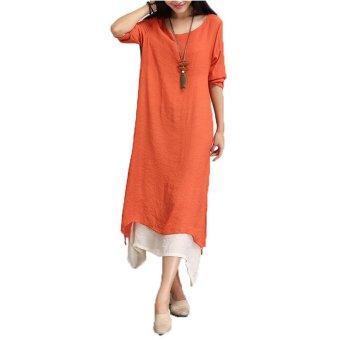 Qiaosha ZANZEA Boho Hippie Women Long Sleeve Cotton Linen Casual Long Maxi Dress Orange - Intl - intl  