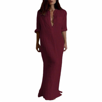 Qiaosha Zanzea Plus Size Fashion Long Sleeve Vestidos 2016 Spring Autumn Women Split Sexy Casual Dress O Neck Linen Solid Long Maxi Dress - intl  