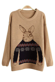 Rabbit Pattern Knitted Pullover Loose Sweater (Brown)  