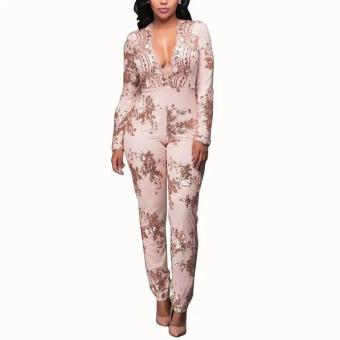 Relaxlama Women's New Long Sleeve V-neck Sequins Long Trousers Jumpsuit Playsuit Clubwear Romper Champagne N280 - intl  