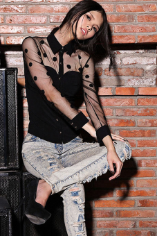 Retro Polka Dot Shirt Women Blouse Long Sleeve Tops (Black) - intl  