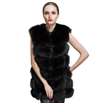 Round Neck Sleeveless Faux Fur Women's Waistcoat S Black (Intl)  