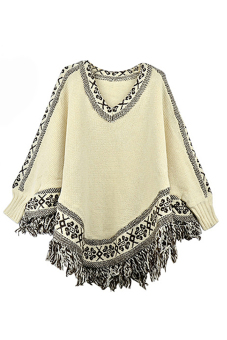 Sanwood Tassels Poncho Knit Sweater (Beige/Black)  