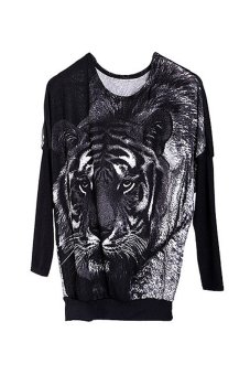 Sanwood Tiger Printing Batwing Pullover Sweater Tops Black  