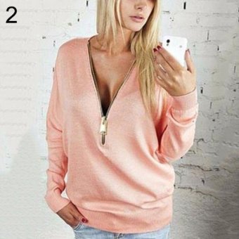 Sanwood Women Deep V Zip T-Shirt Long Sleeve Tops Pullover Sweatshirt Jumper Jacket Coat M (Pink) - intl  