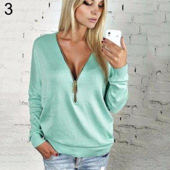 Sanwood Women Deep V Zip T-Shirt Long Sleeve Tops Pullover Sweatshirt Jumper Jacket Coat S (Green) - intl  
