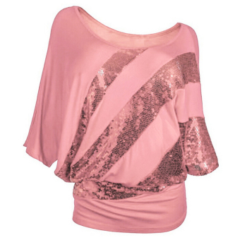 Sanwood Women O-Neck Batwing Short Sleeve T-shirt Charm Sequined Top Loose Blouse Pink - intl  