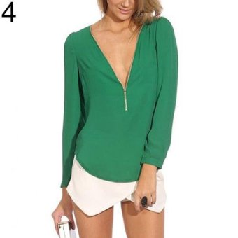 Sanwood Women's Fashion Casual V Neck Long Sleeve Zipper Sexy Tops Chiffon Blouses XL (Green) - intl  