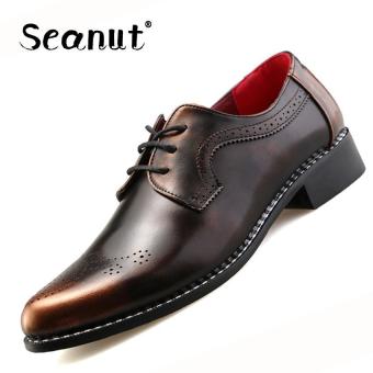 Seanut rubber sole Men Business Dress Leather Shoes Flat European Casual Oxfords Lace Up Formal (Brown) - intl  