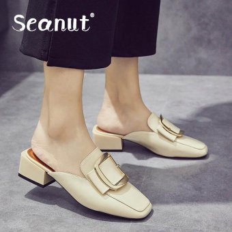 Seanut Woman's Thick metal buckle patent leather sandals with high heels shoes children (Beige) - intl  