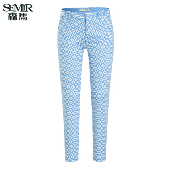Semir Summer New Women Korean Casual Geometric Zip Full Length Skinny Cotton Chinos Pants (Lake Blue)  
