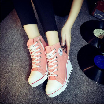 Sepatu Wanita Sepatu Hak Baji Renda Up Sepatu Kets Kanvas 8 cm (Berwarna Merah Muda)  