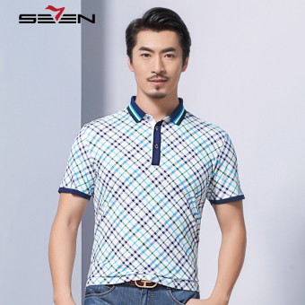 Seven brand man polo tee shirts colorful plaid homme sport casual top blue - Intl  