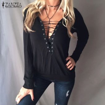 Sexy Hooded Tops ZANZEA Women Blouses Casual Long Sleeve V-Neck Lace Up Bandage Blusas Shirts Solid Pullovers (Black) - intl  