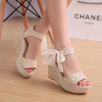 Sexy Lace Shoes Peep Toe Wedge Womens Platform High Heel Pump Sandals Bowknot  