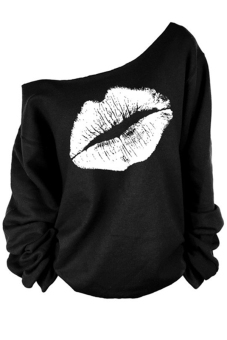 Sexy Lips Printing Off Shoulder Raw Edge Pullovers Sweatshirt (White)  