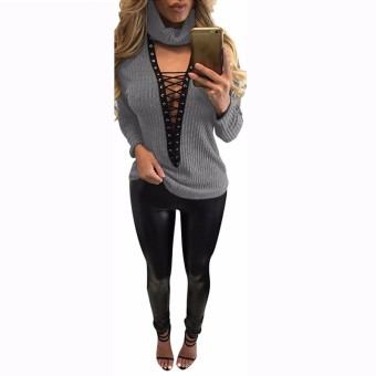 Sexy Pullover Women Sweaters Casual Bandage Knitwear Rib Jumper Pull Femme Sexy Halter V-neck Long Sleeve Tops (Grey) - intl  