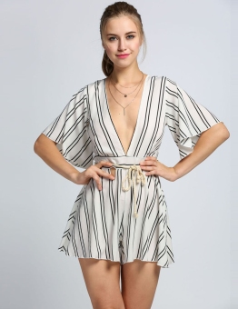 Sexy Women Deep V-Neck Flare Sleeve Backless Striped Romper Playsuit - intl  