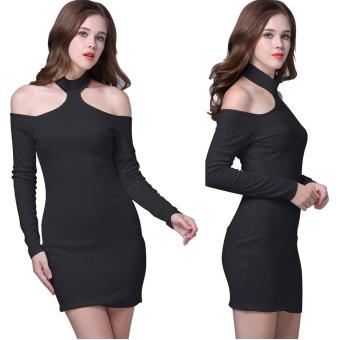 Sexy Women Knitted Halter Cold Shoulder Long Sleeve Bodycon Pencil Mini Dress - intl  