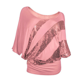Sexy Women Sequined Batwing Sleeve T-shirt Round Neck Tops Pink (Intl)  