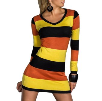 Sexy Women's Dress Long Sleeve Striped V-neck Mini Dresses Clubwear Party wear Orange Yellow Black N095  