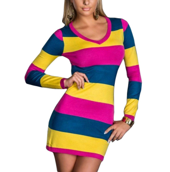 Sexy Women's Dress Long Sleeve Striped V-neck Mini Dresses Clubwear Party wear Yellow Rose Blue N095  