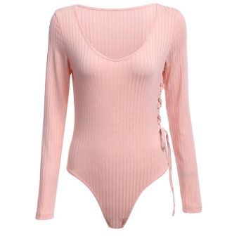 [SHALLOW PINK] Sexy Long Sleeve Pure Color Sheath Beside Bandage Design Women Romper(Int:S) - intl  