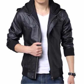 Sidnanes Jaket Semi Kulit Pria Hoodie Fleece [Hitam]  