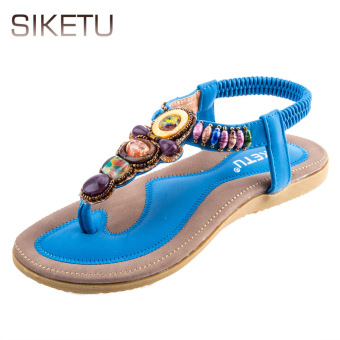 SIKETU Bohemia Beads Elastic Band Beach Flip-flop Sandals(Blue) - intl  