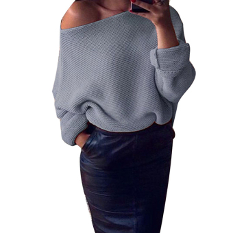 Simple Supreme New Fashion Women Batwing Sleeve Knitting One Shoulder Loose Pullover Casual Sweater(Gray) - intl  