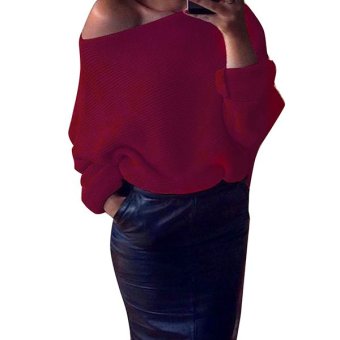 Simple Supreme New Fashion Women Batwing Sleeve Knitting One Shoulder Loose Pullover Casual Sweater(Wine Red) - intl  